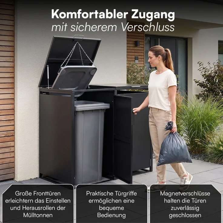 STEELSØN 'Thoria' Mülltonnenbox 2er je 240 Liter, graphitschwarz, Mülltonnenverkleidung aus Stahl, wetterfest, 116x80x134 cm, Müllbox für 2 Tonnen – Bild 4