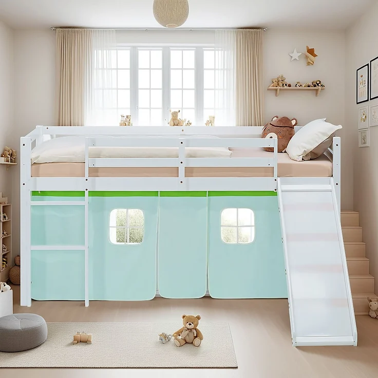 Hochbett Kinder 90x200 cm mit Rutsche Kinderbett Kinderhochbett Stockbett Vorhang Grün Leiter Holz Massiv – Bild 8