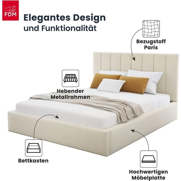 FDM Polsterbett KAJA modern mit Bettkasten MADE IN EU - mit hochwertigem Paris Bezug (verfügbar 90x200 120x200 140x200 160x200 180x200cm, Bettrahmen, Bett, mit großen gepolsterten Kopfteil, mit Bettkasten zum aufklappen), Hebbarer Metallrahmen, Bettkas... – Bild 2