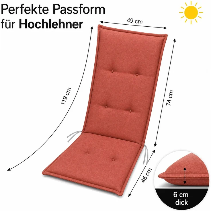 BURI 4x Auflagen Set Hochlehner für Gartenstühle 120x48x7cm Sesselauflagen Polster UV Lichtecht - Gartenstuhlauflagen Stuhlkissen mit Dicker Schaumstoff Füllung (Terrakotta) – Bild 2