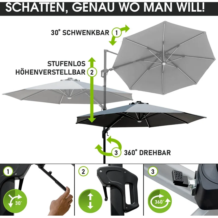 BRAST Alu Sonnenschirm Ampelschirm Ø360cm Grau + LEDs Windsicherung & Schützhülle UV-Schutz 80+ wasserabweisend mit Kurbelvorrichtung drehbar schwenkbar & höhenverstellbar – Bild 5