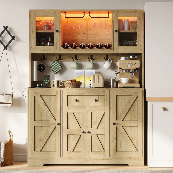 Küchenschrank, hoher Schrank mit LED-Beleuchtung und Steckdosen, Vorratsschrank mit Acrylglastüren, Weinregalen und Weinglashaltern, Vitrinenschrank für Wohnzimmer & Esszimmer, 140 × 40 × 173 cm--Natürlich--140x40x173cm--YOUDENOVA – Bild 3