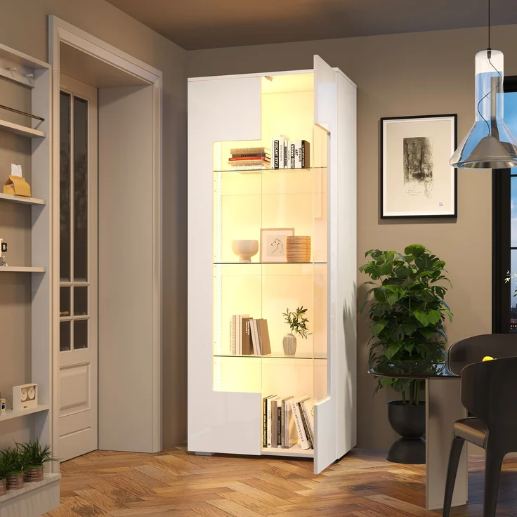 70*40*173cm Wohnzimmervitrine,Vitrine mit 2 Acryltüren,Hochglanzvitrine mit LED-Lichtleiste,Tragender Schrank aus gehärtetem Glas,Wohnzimmer breiter Schrank, Hochschrank,MDF, weiß--Weiß--70x40x173cm--YOUDENOVA – Bild 3