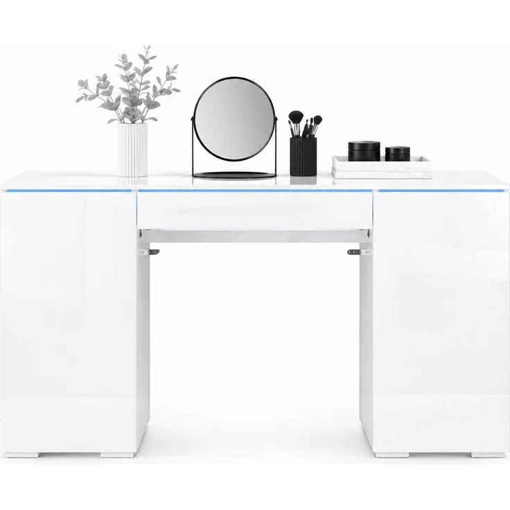 Schreibtisch aus Spanplatte mit LED-Beleuchtung und Stauraum, 140x50x78 cm, Weiß – Bild 6