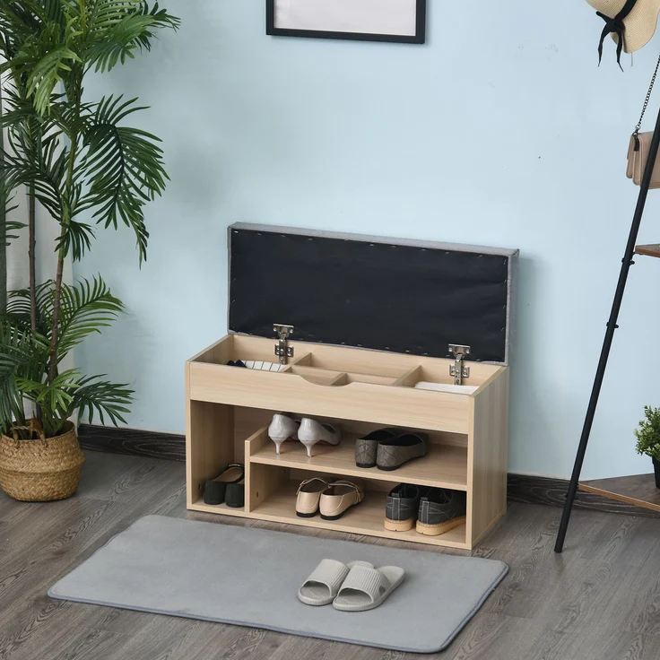 Schuhschrank, Schuhbank mit 2 Ebenen, Stauraum, Nische + integrierter Stauraum mit Kissen in Beige-Grau – Bild 4