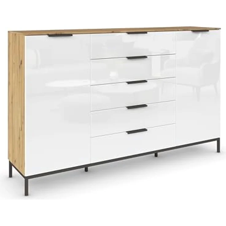 Rauch Möbel Flipp, Kommode mit Stauraum für Wohnzimmer, Schlafzimmer, Flur, 4 Fachböden, mit Metallkufe graphit, Eiche Artisan/Glasfront Weiß, 2-türig, 5 Schubkästen, Griffe graphit, 180 x 111 x 42 cm – Bild 2