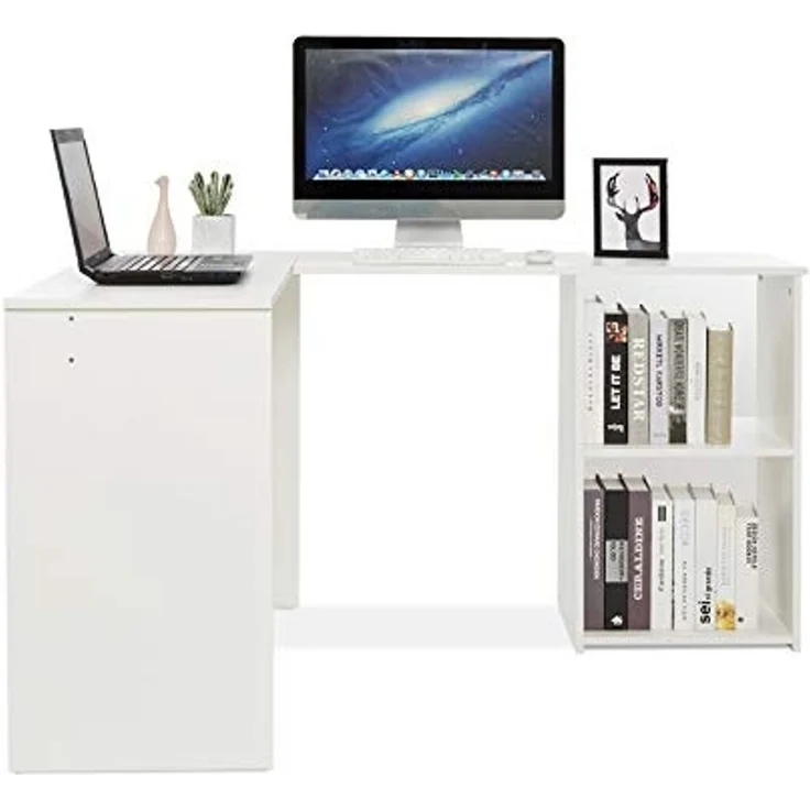 Mondeer Eckschreibtisch, Computertisch L-Förmig Schreibtisch mit 2 Ablagen Großer fürs Arbeitszimmer Wohnzimmer Büro 108×135×73,5 cm (Weiß) – Bild 4