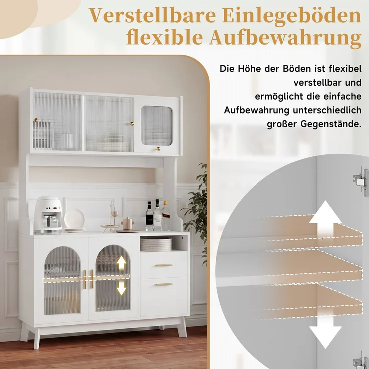 Buffetschränke, Esszimmer-Hochschrank 120*40*178 cm, mehrstufigem Stauraum, integrierter Steckdose sowie USB-C- und USB-A-Anschlüssen, Weiß--Weiß--120x40x178cm--YOUDENOVA – Bild 6