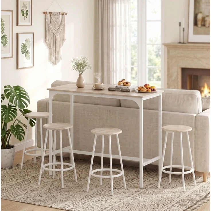 Bartisch-Set 110 x 50 x 89,5 cm mit 4 Hockern – platzsparend, Eiche-Optik und weißes Metallgestell – Bild 3