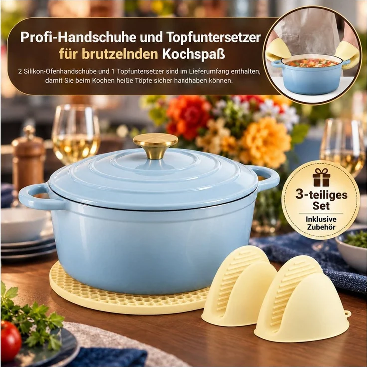 Zedelmaier Bräter Gusseisen Topf 22/24/26/28cm Incl. Silikon Topflappen Topfuntersetzer, (Set, 1 Pot mit 1 lid, 2 Ofenhandschuhe, 1 Topfuntersetzer), Backofengeeignet Induktionsgeeignet Zum Braten, Schmoren, Kochen – Bild 4
