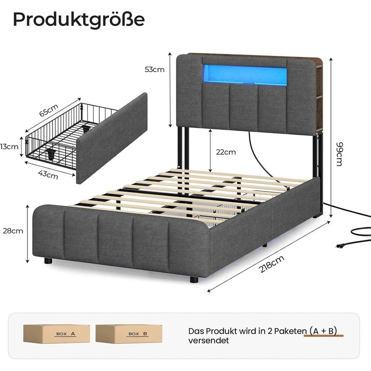 MSMASK Polsterbett mit 2 Schubladen, LED-Beleuchtung und Ladestation (Ohne Matratze), Kinderbett Jugendbett Einzelbett 90x200 cm – Bild 1
