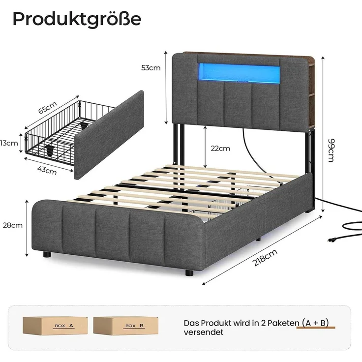 MSMASK Polsterbett mit 2 Schubladen, LED-Beleuchtung und Ladestation (Ohne Matratze), Kinderbett Jugendbett Einzelbett 90x200 cm