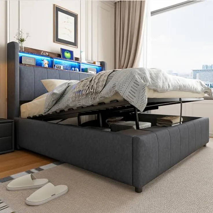 Ball & Cast Polsterbett (140x200 cm) mit hydraulischem Stauraum, Doppelbett mit Beleuchtung und USB-Ladefunktion, Einfach & Zeitsparend Montierbar, Grau – Bild 5