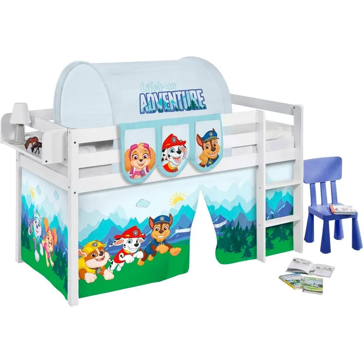 Lilokids Kinderbett Hochbett JELLE weiß mit Vorhang PAW PATROL 200x90 cm