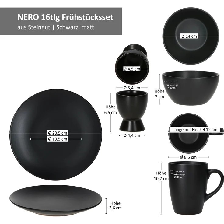 Nero 16tlg Frühstücksset matt schwarz Steingut Teller Becher Schalen Eierbecher – Bild 6