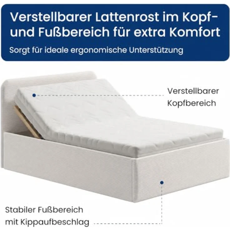 Home Collective Polsterbett mit Stauraum, verstellbarem Lattenrost, 6 Größen wählbar, hochwertiger Kordstoffbezug, Weiß, Federkern- oder Kaltschaummatratze – Bild 6