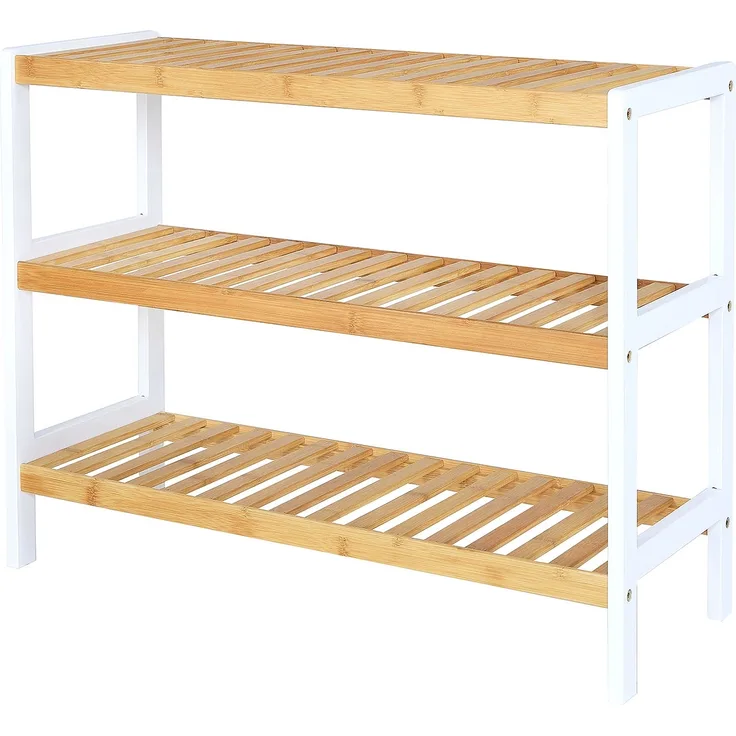 dibea Schuhregal mit 3 Ablagefächern, Schuhschrank, Bambusregal, Standregal, Küchenregal, Wohnzimmerregal, 70 x 26 x 55 cm, naturfarben / weiß