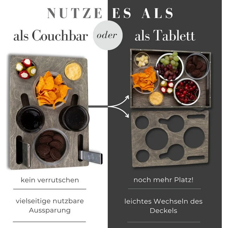 PEGSEN Servierplatte All in One Couchbar Sofatablett mit 4 Snackschalen, Birkenholz, (Set, 5-tlg, abnehmbarer Deckel, mit 4 lebensmittelechten Glasschalen), passend für Kaffeetassen, Weingläser, 0,5L Bierflaschen – Bild 2
