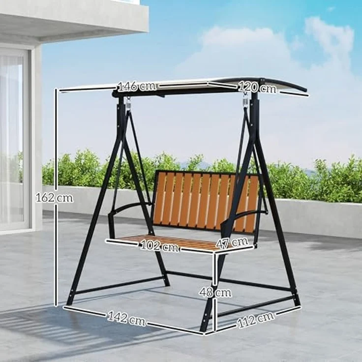 Outsunny Hollywoodschaukel mit verstellbarem Sonnendach, 2-Sitzer, Schaukelfunktion, 2-Sitzer Gartenschaukel, 1 tlg, wetterfest Schaukelbank, für Garten, Terrasse, 142 x 112 x 162cm, Schwarz – Bild 7