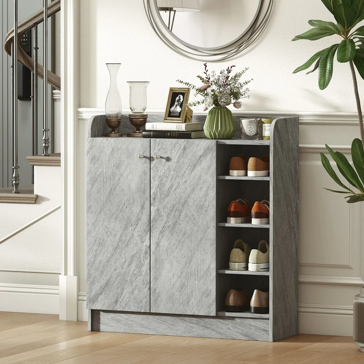 Schuhschrank, Platz für 12 Paar Schuhe, 2 Türen und 4 offene Fächer, für Flur oder Eingangsbereich, Grau--Grau--90x30x83cm--YOUDENOVA – Bild 4