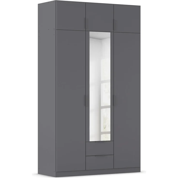 Rauch Möbel Lagoa, Kleiderschrank, Garderobe für Schlafzimmer, Kinderzimmer, Jugendzimmer 6-türig, mit Spiegel, 2 Schubladen, Farbe Grau metallic, Schwarz, Breite 136