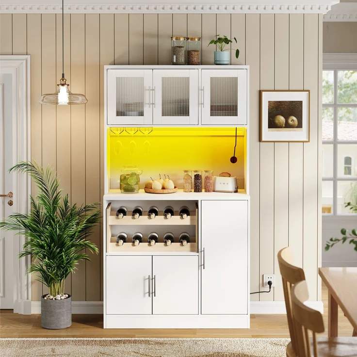 Kitchen Pantry Cabinet, Weißer Küchenschrank mit RGB-LED und Steckdose, Hoher Vorratsschrank mit Weinglashalter & Weinregal, Moderner Küchenschrank mit Glasfronten, 100x40x180 cm--Weiß--100x40x180cm--YOUDENOVA – Bild 1
