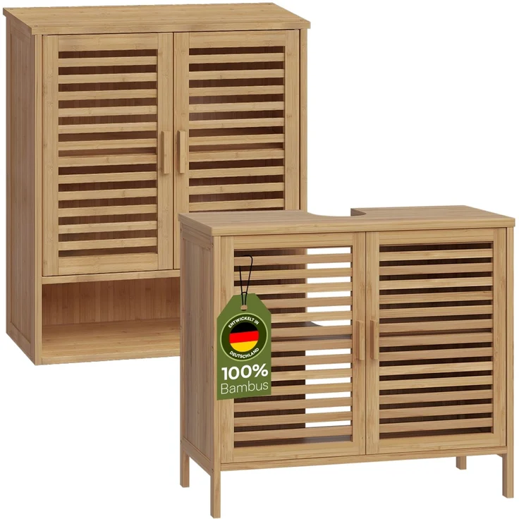 Bellamio 'Newa' Badezimmer-Set aus Waschbeckenunterschrank und Hängeschrank mit 3 Ablagefächern, Bambus, natur – Bild 1
