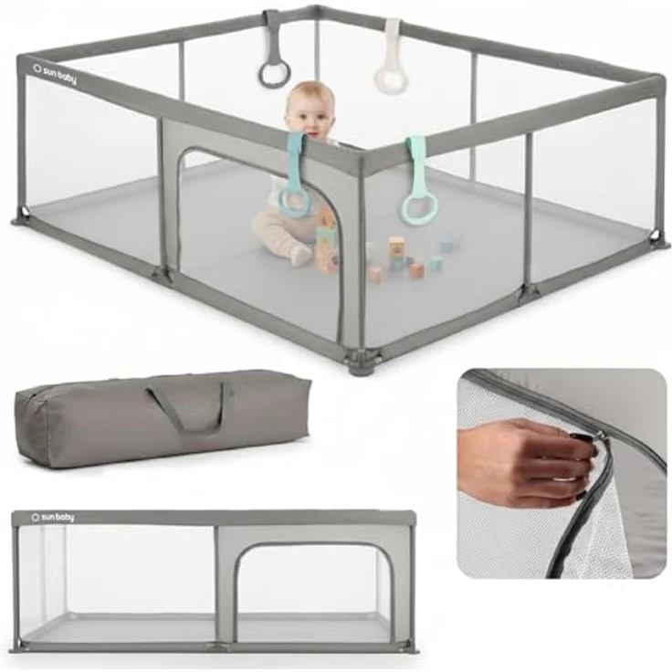 sun baby Laufstall mit grünen Griffen 150x200 cm 0-2 Jahre Grau, Polyester, Netzwände, Eingang mit Reißverschluss, rutschfeste Füße, Tragetasche im Set, Metallrahmen – Bild 10