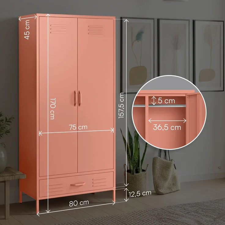 skølm 'Atria' Kleiderschrank mit Schublade, Metall, 170x45x80 cm, terrakotta, Garderobe mit 4 Fächern und 2 Kleiderstangen – Bild 7