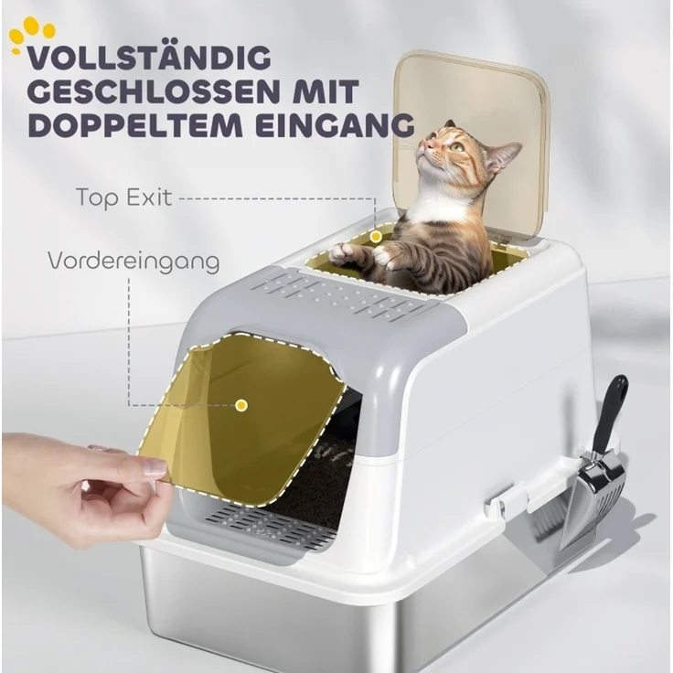 Katzentoilette mit Edelstahltablett, Doppel-Einstieg, 60,4x40,4x41,8 cm, Weiß – Bild 4