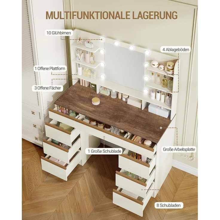 Große Schminktisch mit LED-Beleuchtung, 10 LED-Lichtkugeln, 3 Farben, einstellbare Helligkeit, Schminktisch mit Spiegel, 9 Schubladen, 9 offenen Ablagen, moderner Stil, Weiß-Braun – Bild 3