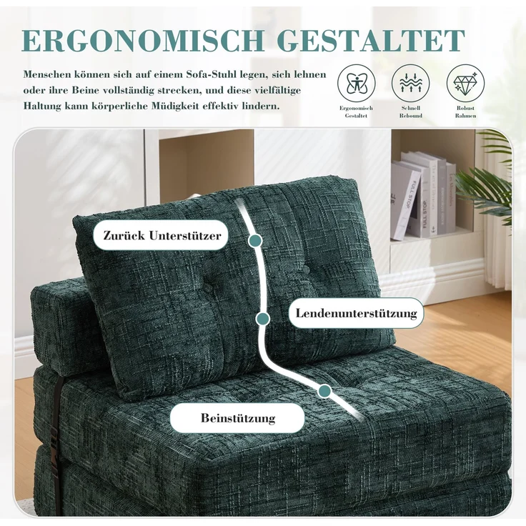 Klappsofa Bett mit Kopf- & Lendenkissen, multifunktionales Schlafsofa, 2-in-1 Faltsofa mit hochdichtem Schaumstoff,Smaragd – Bild 9
