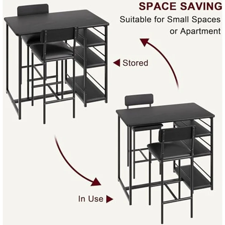Bartisch mit Barhocker Set, Barhocker 3er Set für 2 Personen mit 1 Tisch + 2 Gepolsterte Stühle, Rückenlehne - Küchentisch mit 3 Ablagen, Esstisch für Wohnzimmer, Esszimmer und Küche, Schwarz – Bild 2