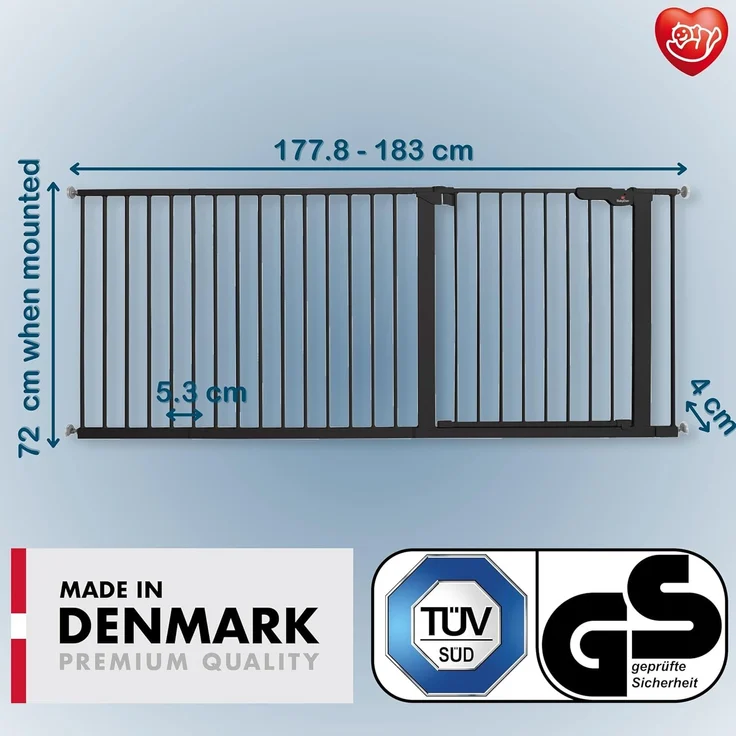 Extrabreit / Flur / Treppenabsatz / Küche / Treppen- und Babydruckschutzgitter 177,8-183 cm / 70"-72" Schwarz – Bild 2