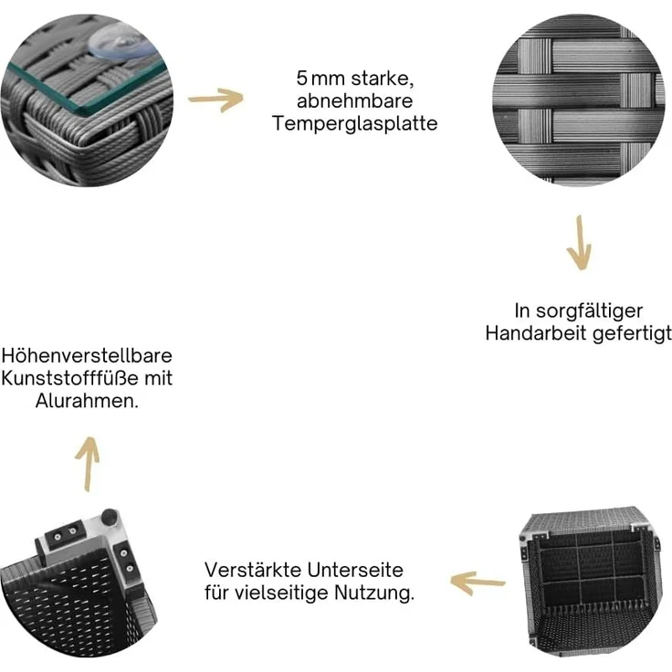 RS Trade® 'Toscana' Polyrattan Beistelltisch mit verstärktem Alu-Gerüst und Temperglas Tischplatte, mit Spannbändern und höhenverstellbaren Standfüßen, grau – Bild 4