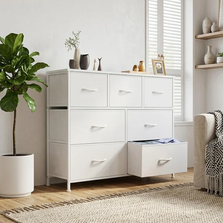 DUMOS Kommode für Schlafzimmer mit 7 Stoffschubladen, hohe Kommode Organizer für Kleidung, Schrank Kinderzimmer, Aufbewahrungsturm mit Schrank, Metallrahmen, Holzplatte, leichte Kinderzimmermöbel