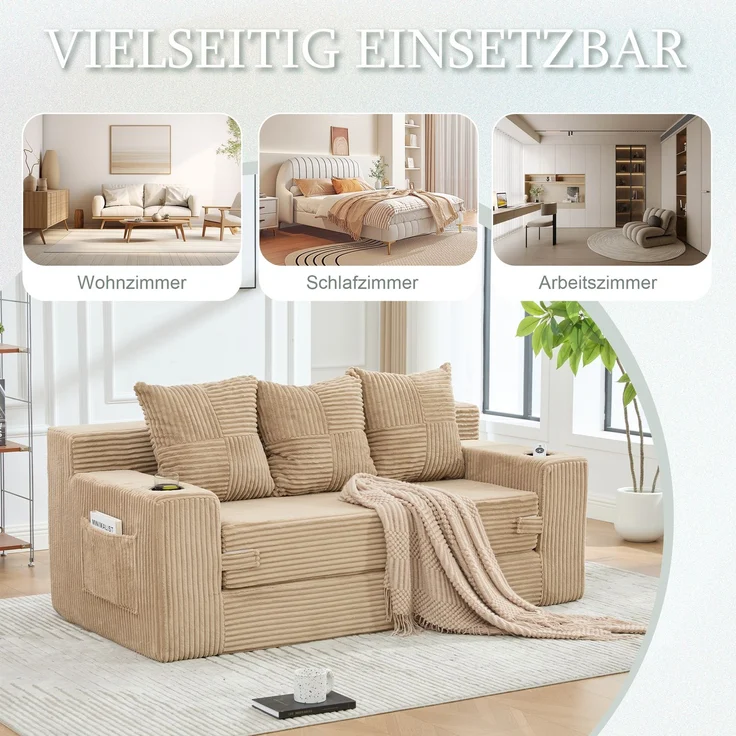 EINHOM Dreier-Sofa aus Baumwoll- und Leinenstoff, mit Getränkehalter und seitlichen Taschen, kann in drei Sitzplätze umgewandelt werden, rahmenloser Design mit gestrickten Kissen und Rückenlehne, großes Sitz – Bild 5