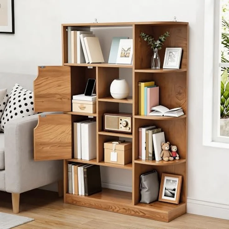 YITAHOME Freistehendes Bücherregal mit 9 offenen Regalböden und 2 Türen (Stoffbezug) für Wohnzimmer, Schlafzimmer, Büro, Eichenfarbe, 80 × 24 × 120 cm (B × T × H) – Bild 2