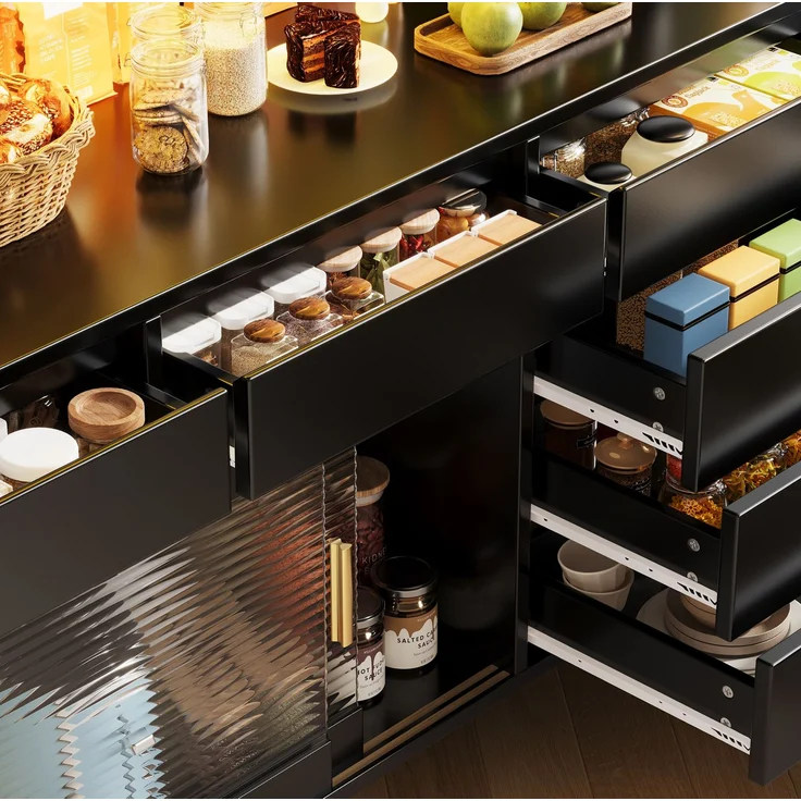Hochschrank 144,9x39x171 cm mit LED-Beleuchtung, geriffelter Glasfront und Schiebetüren – Bild 10