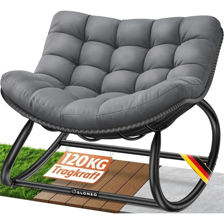 ELONEO Schaukelstuhl Outdoor XXL, ergonomischer Schaukelsessel mit Premium Sitzpolster für drinnen & draußen, Balkonsessel, wetterfester Loungesessel Outdoor, rutschfest, bis 120kg, Grau, ohne Hocker