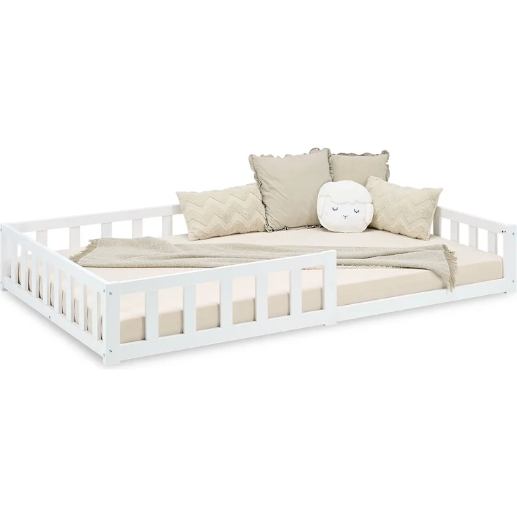 Kinderbett 120x200 mit Matratze Bodenbett mit Rausfallschutz Montessori Bett Kleinkindbett Holz Massiv Weiß Einzelbett Lattenrost – Bild 4