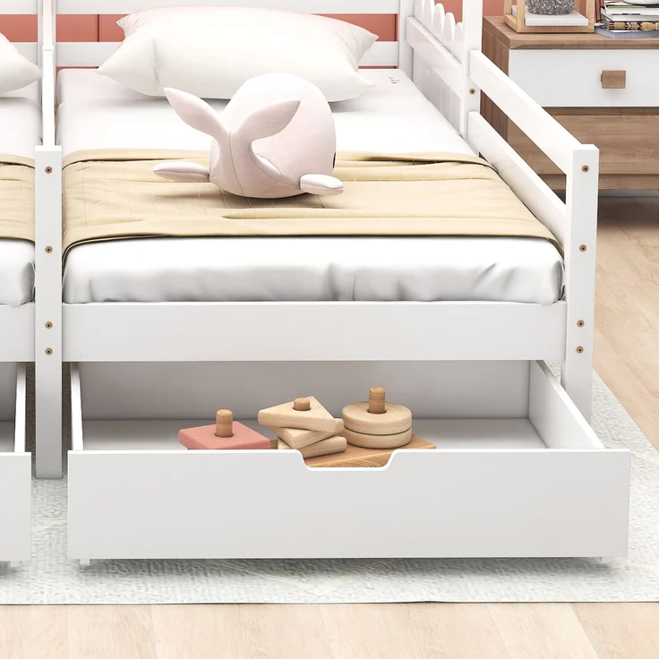 Haus-Doppelbett 208x188,5x158 geteiltes Kinderhausbett mit 2 MDF-Schubladen auf Rollen, Kiefer-Massivholz-Lattenrost, Patchwork-Schutzzaun, weiß – Bild 6