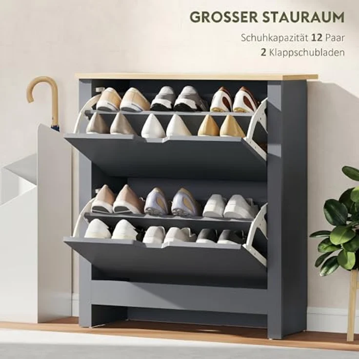HOMCOM Schuhkipper verstellbar Schuhregal für 12 Paar Schuhe, Dunkelgrau, 72 x 26 x 80 cm, klappbare Schubladen, ideal für kleine Räume – Bild 4