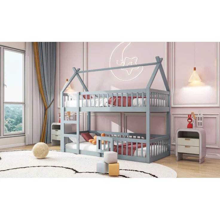 Hochbett Mit Spielebene Grau 90x200 Holz Metall Sicherheitsgeländer Treppe 120kg Tragkraft Kinderzimmer Spielbett Schlafbereich Multifunktional – Bild 2
