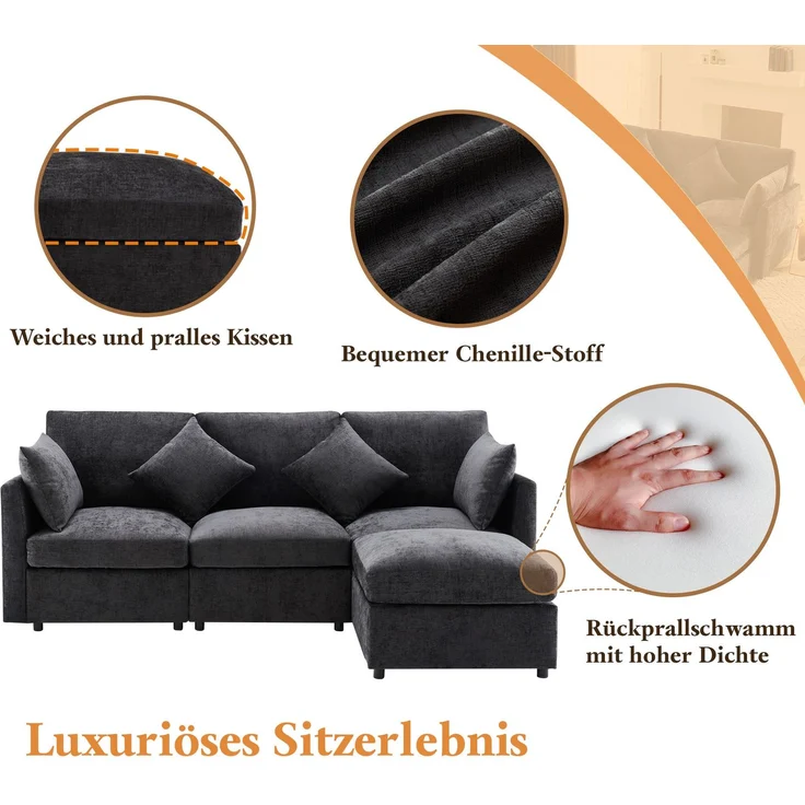 DESVIAE Sofa modular mit beweglichem Hocker 216x81x161 cm Chenille Grau – Bild 4