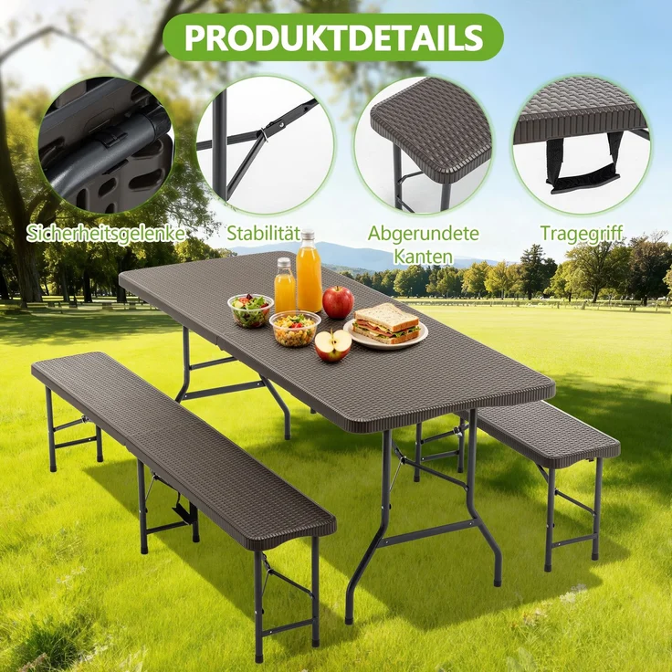 6ft Klappbarer Picknicktisch mit 2 Bänken, 3-teiliges Camping Set, HDPE Tischplatte mit Baummuster, Sicherheitsverriegelung, UV- & wasserbeständig, Braun – Bild 3