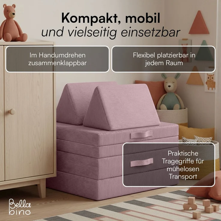 Bellabino 'Nile' Spielsofa, 4-tlg, Cord, pink, faltbare Kindercouch, abnehmbarer & waschbarer Bezug, Kindersofa aus Schaumstoff – Bild 7