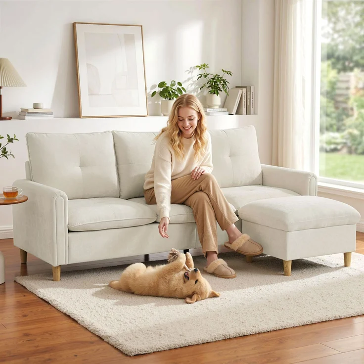 Rayofly-Modulares Ecksofa, 3-Sitzer mit Stauraumhocker, Leinenoptik Stoff, Creme, 80×210×77 cm – Bild 5