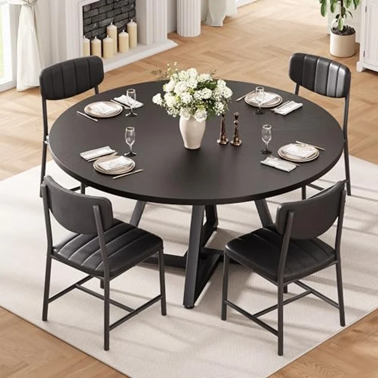 Esstisch Runder und 4 Esszimmerstühle Set, Essgruppe 5-Teilig, Küchentisch mit stabilem Metallgestell und 4 stühle, platzsparender Esszimmertisch aus Holz im Industrial Design (Schwarz, 107cm) – Bild 2