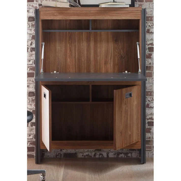 Furn. Design Sekretär Auburn (Schreibtisch in Eiche und grau, Industrial Design, 90 x 127 cm), viel Stauraum, mit Dämpfung – Bild 4